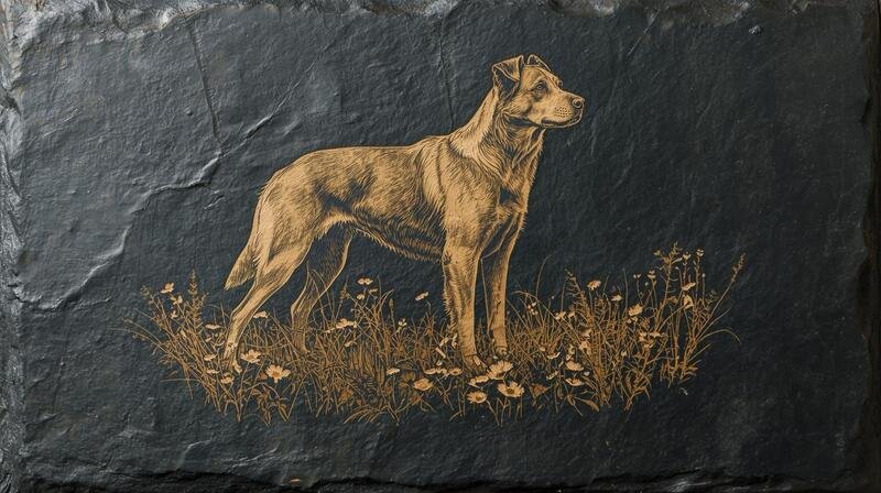 photo de gravure personnalisée sur de l'ardoise représentant un chien dans un pré (1)