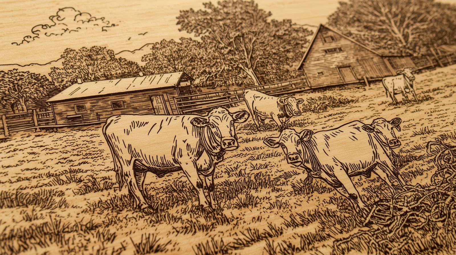 photo de gravure personnalisée sur du bois avec une ferme et des vaches