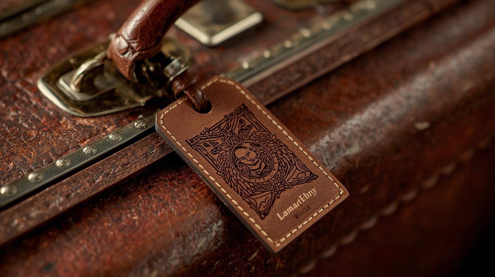photo de gravure personnalisée sur une étiquette en cuir avec un nom et sur une valise